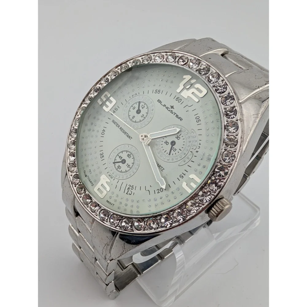 Blingstar Watch Men 50mm‎ Case Rhinestone Bezel Silver 8.5